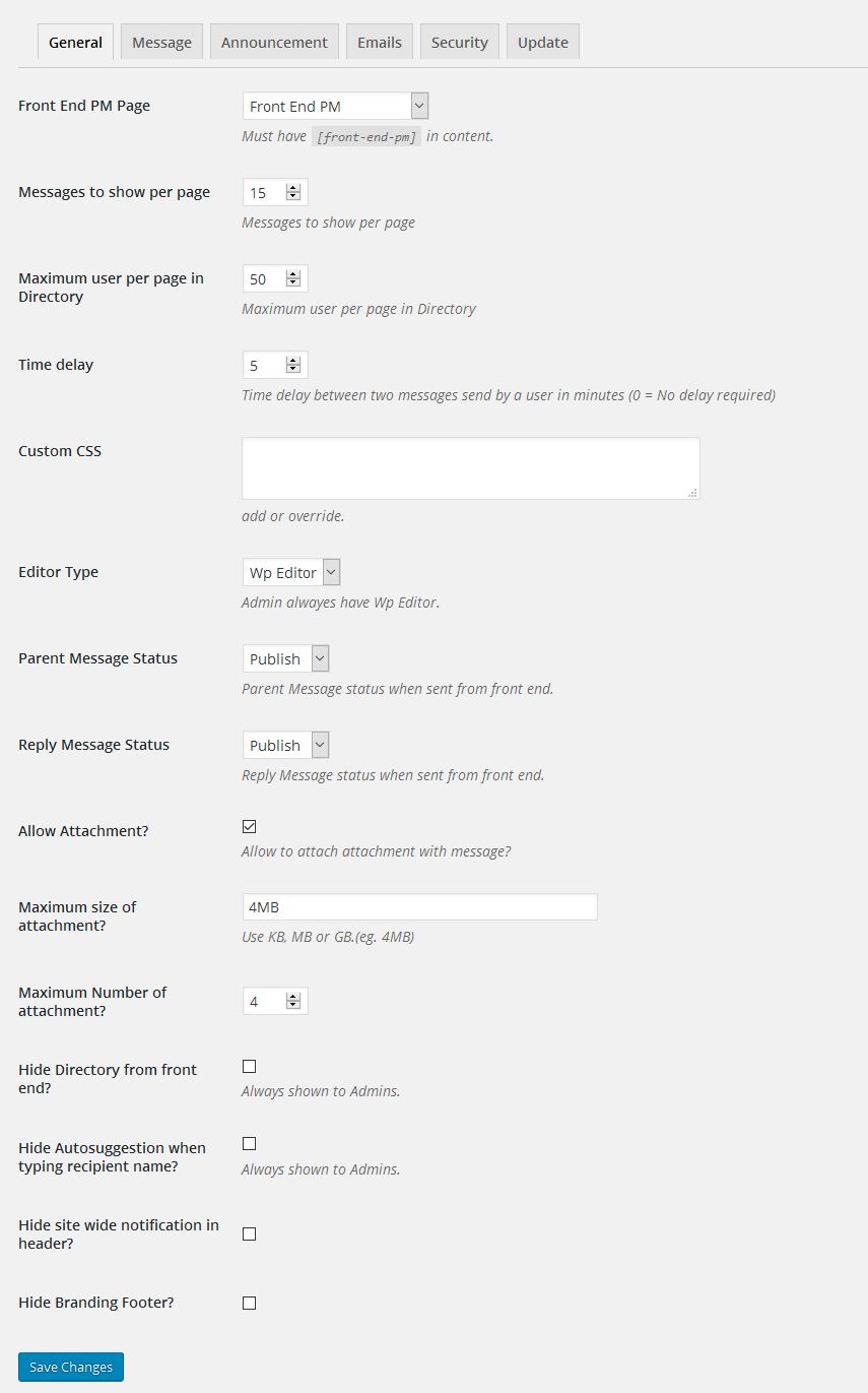 Front End PM admin settings